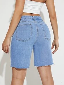Quần short denim nữ Túi Hem thô Bị tách Dây kéo màu trơn - Rửa trung bình - Xem 2
