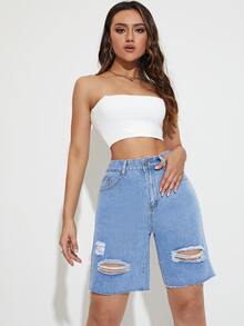 Quần short denim nữ Túi Hem thô Bị tách Dây kéo màu trơn - Rửa trung bình - Xem 3