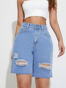 Quần short denim nữ Túi Hem thô Bị tách Dây kéo màu trơn - Rửa trung bình - Xem 4