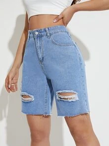 Quần short denim nữ Túi Hem thô Bị tách Dây kéo màu trơn - Rửa trung bình - Xem 5
