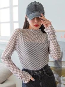 DAZY 棋盤格木耳邊小高領上衣不附帶吊帶內搭 - 彩色 - 查看 1