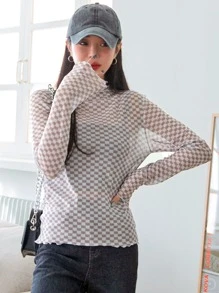 DAZY 棋盤格木耳邊小高領上衣不附帶吊帶內搭 - 彩色 - 查看 3