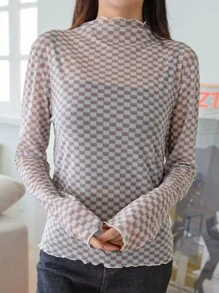 DAZY 棋盤格木耳邊小高領上衣不附帶吊帶內搭 - 彩色 - 查看 4