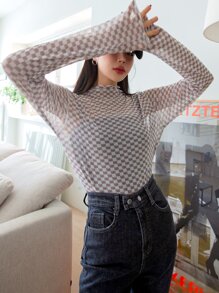 DAZY 棋盤格木耳邊小高領上衣不附帶吊帶內搭 - 彩色 - 查看 6