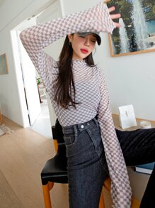 DAZY 棋盤格木耳邊小高領上衣不附帶吊帶內搭 - 彩色 - 查看 8