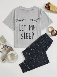 Eyelash And Slogan Graphic Tee & Trousers PJ Set - Multicolor - View 1