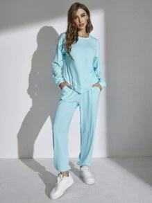 素色落肩T恤和斜口袋長褲 - 薄荷藍 - 查看 1