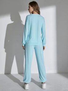 素色落肩T恤和斜口袋長褲 - 薄荷藍 - 查看 2