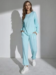 素色落肩T恤和斜口袋長褲 - 薄荷藍 - 查看 4