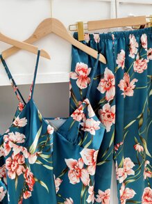 5pcs Floral Print Satin PJ Set - Dark Green - View 3