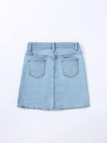 Girls Pocket Patched Top-stitching Denim Skirt