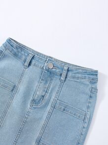 Girls Pocket Patched Top-stitching Denim Skirt