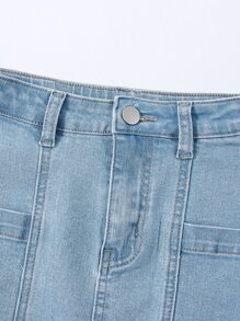 Girls Pocket Patched Top-stitching Denim Skirt