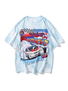 Manfinity Homme Camiseta con estampado de coche y letra - Azul y blanco - Ver 1