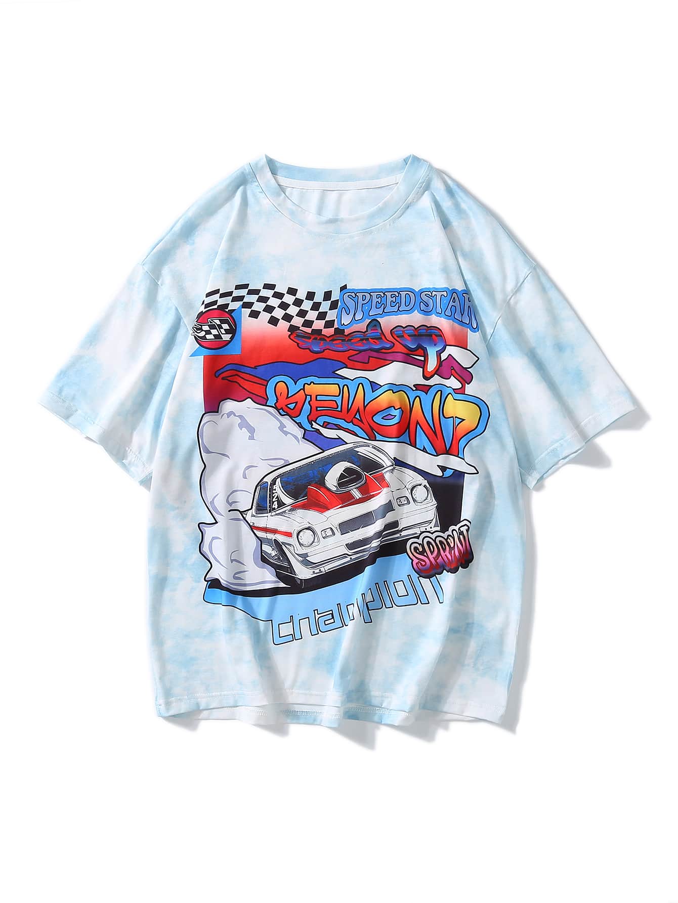 Manfinity Homme Camiseta con estampado de coche y letra - Azul y blanco - Ver 1