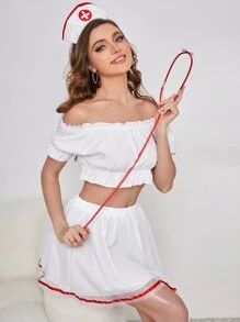 4 piezas Disfraz de enfermera ribete fruncido - Blanco - Ver 3