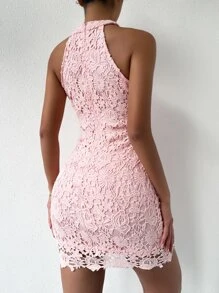 Chiquease Guipure Lace Zipper Back Halter Neck Bodycon Dress - Baby Pink - View 2