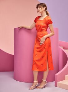 FARAH NAZ NEW YORK 印花方領高衩連衣裙 - 橘色 - 查看 1