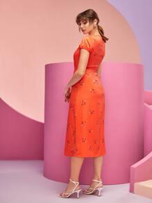 FARAH NAZ NEW YORK 印花方領高衩連衣裙 - 橘色 - 查看 2