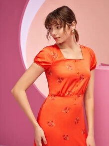 FARAH NAZ NEW YORK 印花方領高衩連衣裙 - 橘色 - 查看 3
