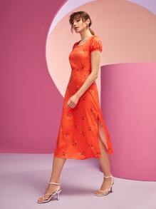 FARAH NAZ NEW YORK 印花方領高衩連衣裙 - 橘色 - 查看 4