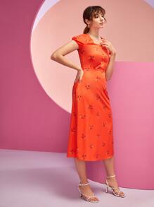 FARAH NAZ NEW YORK 印花方領高衩連衣裙 - 橘色 - 查看 5