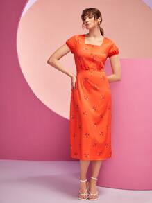 FARAH NAZ NEW YORK 印花方領高衩連衣裙 - 橘色 - 查看 6