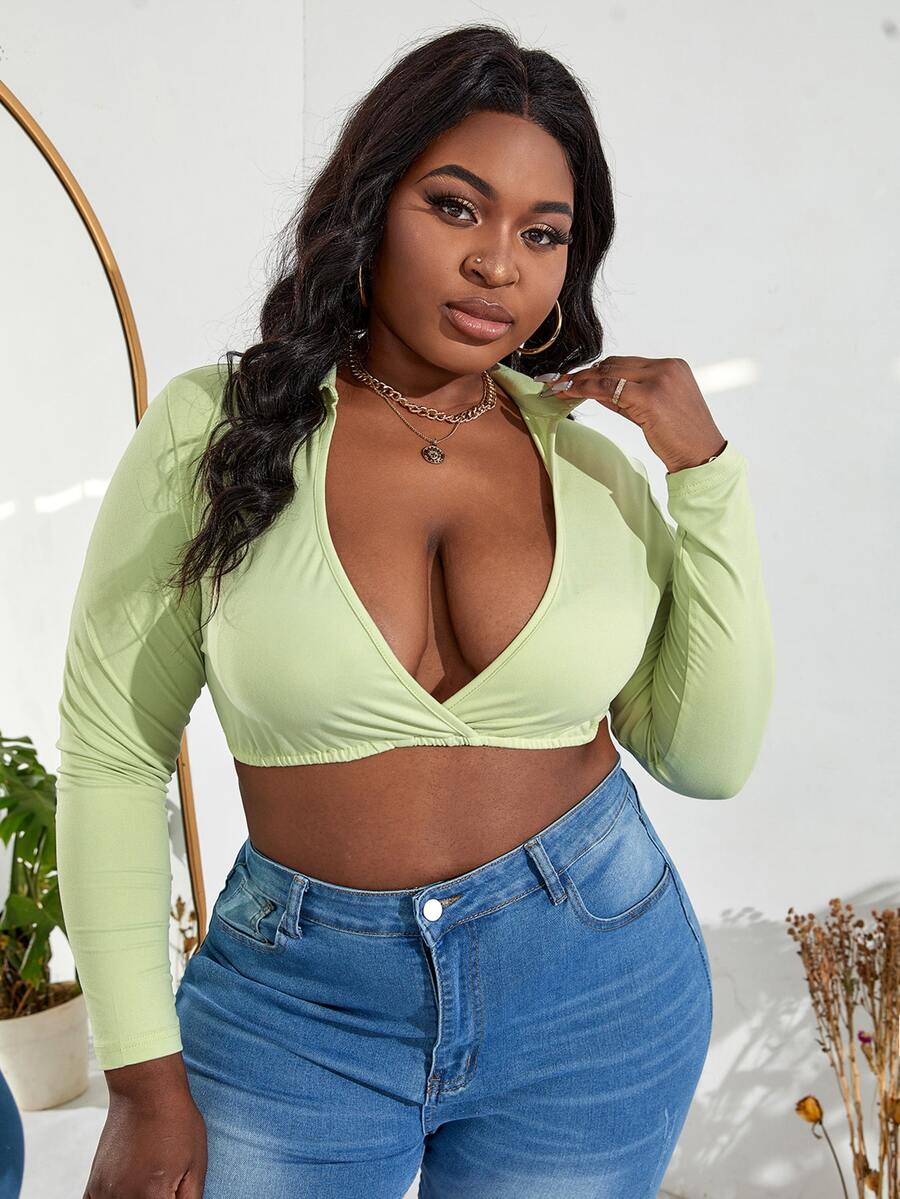 SHEIN SXY 大碼深V領短款上衣 - 青檸色 - 查看 1