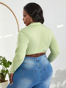 SHEIN SXY 大碼深V領短款上衣 - 青檸色 - 查看 2