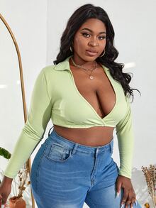 SHEIN SXY 大碼深V領短款上衣 - 青檸色 - 查看 3