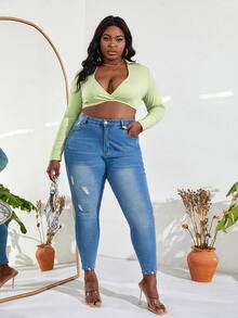 SHEIN SXY 大碼深V領短款上衣 - 青檸色 - 查看 5