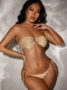 Swim SXY 夏季沙灘蕾絲連帶綁頸掀邊比基尼 - 卡其色 - 查看 3