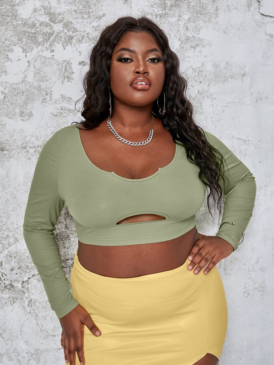 Slaydiva Áo thun Plus size Cắt ra Gân đan màu trơn Gợi cảm - Màu xanh chanh - Xem 1