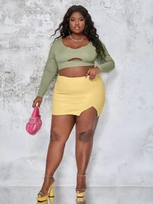 Slaydiva Áo thun Plus size Cắt ra Gân đan màu trơn Gợi cảm - Màu xanh chanh - Xem 3