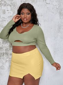 Slaydiva Áo thun Plus size Cắt ra Gân đan màu trơn Gợi cảm - Màu xanh chanh - Xem 5