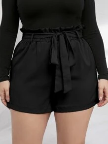 Calvaya Plus Paper Bag Waist Belted Shorts - Black - View 4