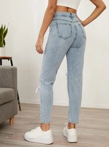 SHEIN Essnce 高腰破洞牛仔褲 - 淺色水洗藍 - 查看 2