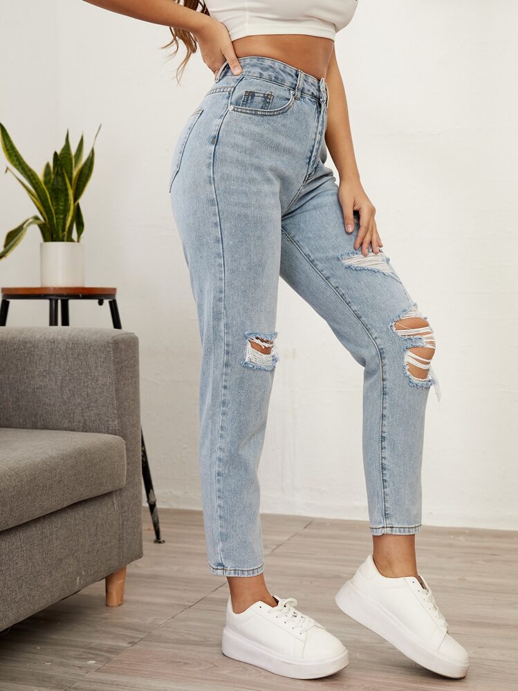 SHEIN Essnce 高腰破洞牛仔褲 - 淺色水洗藍 - 查看 3