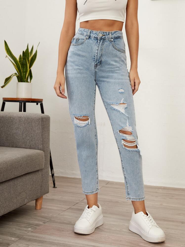 SHEIN Essnce 高腰破洞牛仔褲 - 淺色水洗藍 - 查看 4