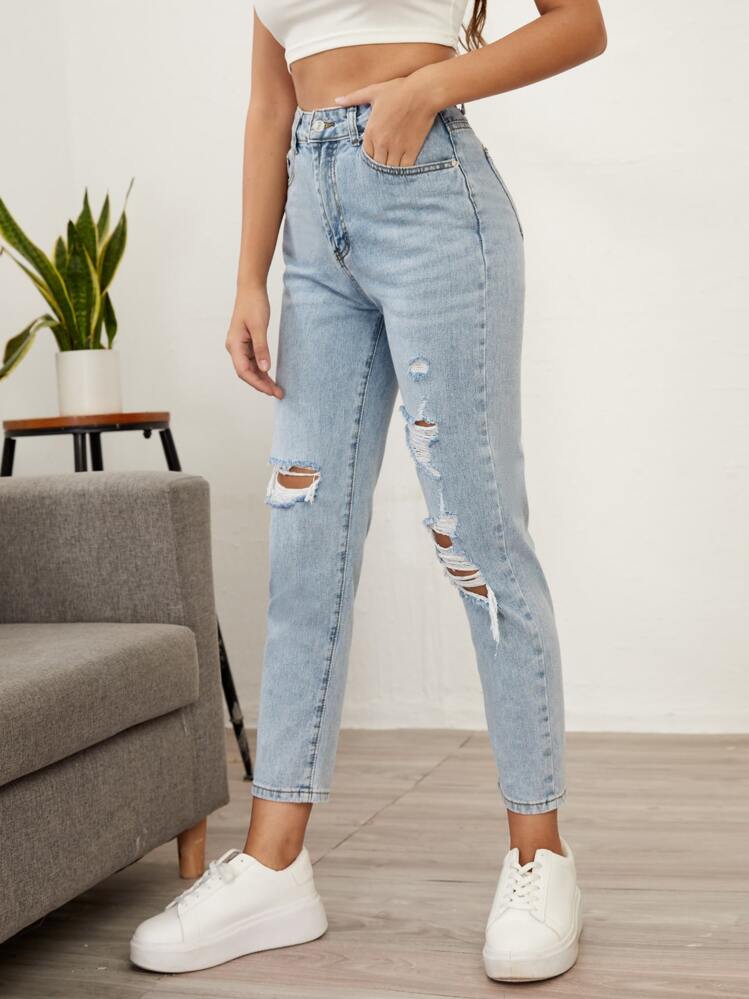 SHEIN Essnce 高腰破洞牛仔褲 - 淺色水洗藍 - 查看 5