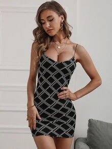Plaid Print Backless Bodycon Dress - Black and White - View 3