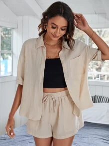 SHEIN Unity Bluse mit Flicken, Tasche, Knopf & Shorts mit Knoten auf Taille