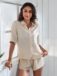 SHEIN Unity Bluse mit Flicken, Tasche, Knopf & Shorts mit Knoten auf Taille