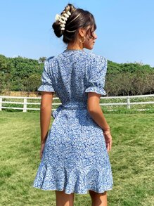 SHEIN Unity Ditsy Floral Puff Sleeve Ruffle Trim Tie Side Wrap Dress - Blue - View 2