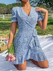 SHEIN Unity Ditsy Floral Puff Sleeve Ruffle Trim Tie Side Wrap Dress - Blue - View 4