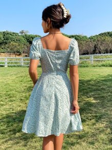 Ditsy Floral Puff Sleeve Ruched Sweetheart Neck Dress - Mint Green - View 2