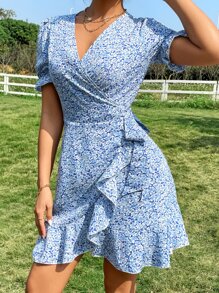 SHEIN Unity Ditsy Floral Puff Sleeve Ruffle Trim Tie Side Wrap Dress - Blue - View 6