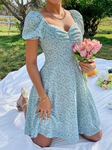 Ditsy Floral Puff Sleeve Ruched Sweetheart Neck Dress - Mint Green - View 7