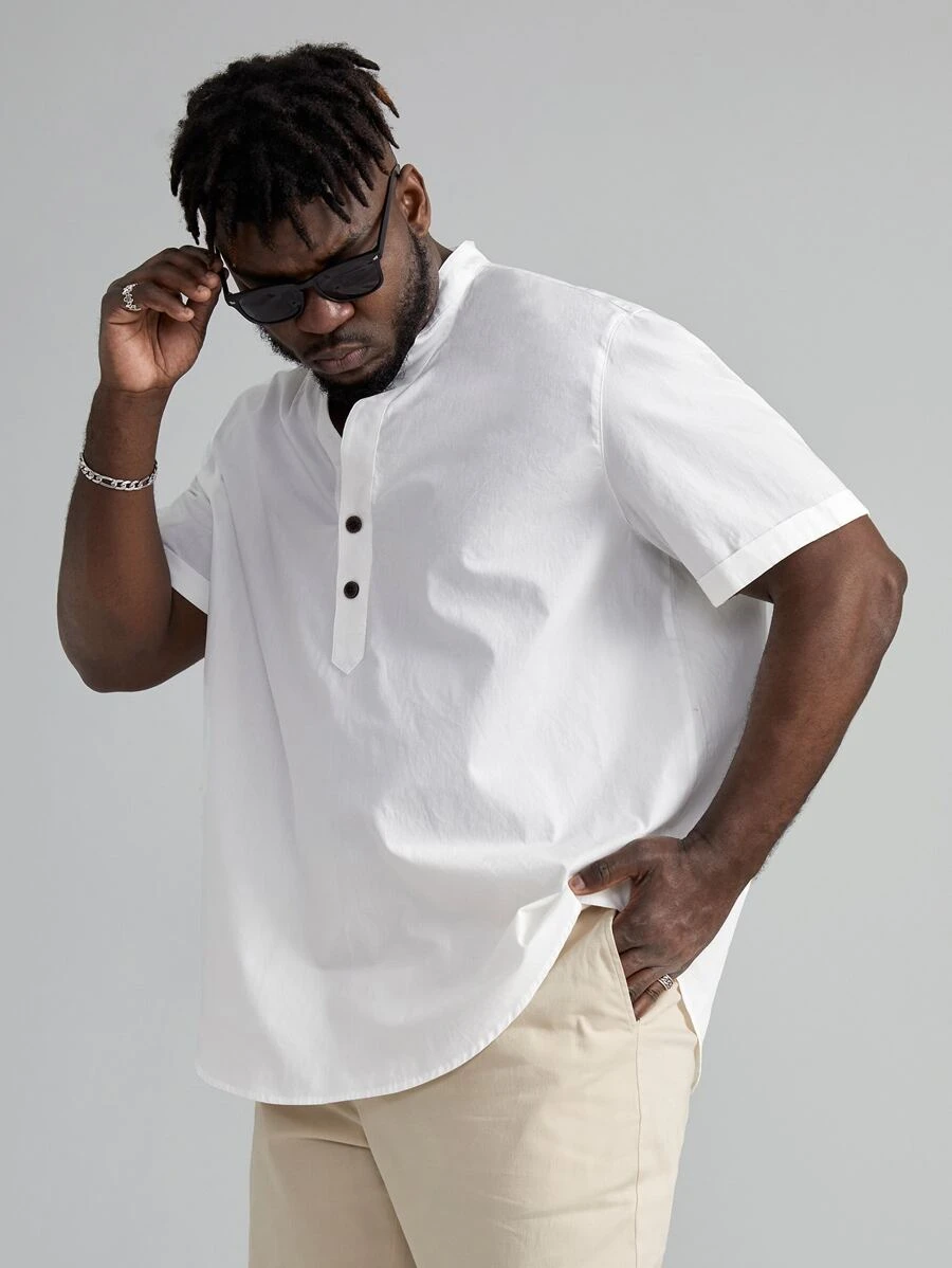 GENTILAND 男士棉半排扣弧形下擺襯衫 - 白色 - 查看 1