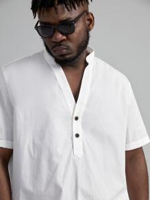 GENTILAND 男士棉半排扣弧形下擺襯衫 - 白色 - 查看 5